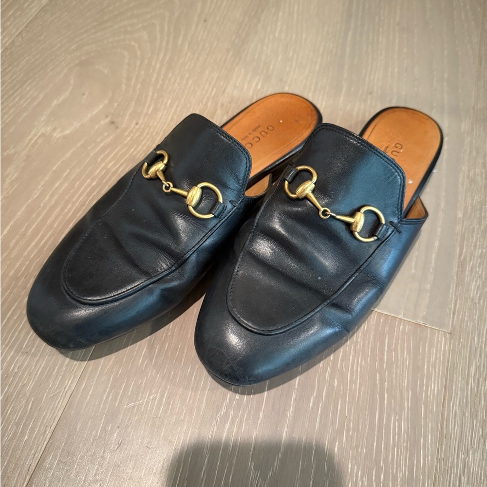 Gucci Black Leather Loafers with Gold Accents
